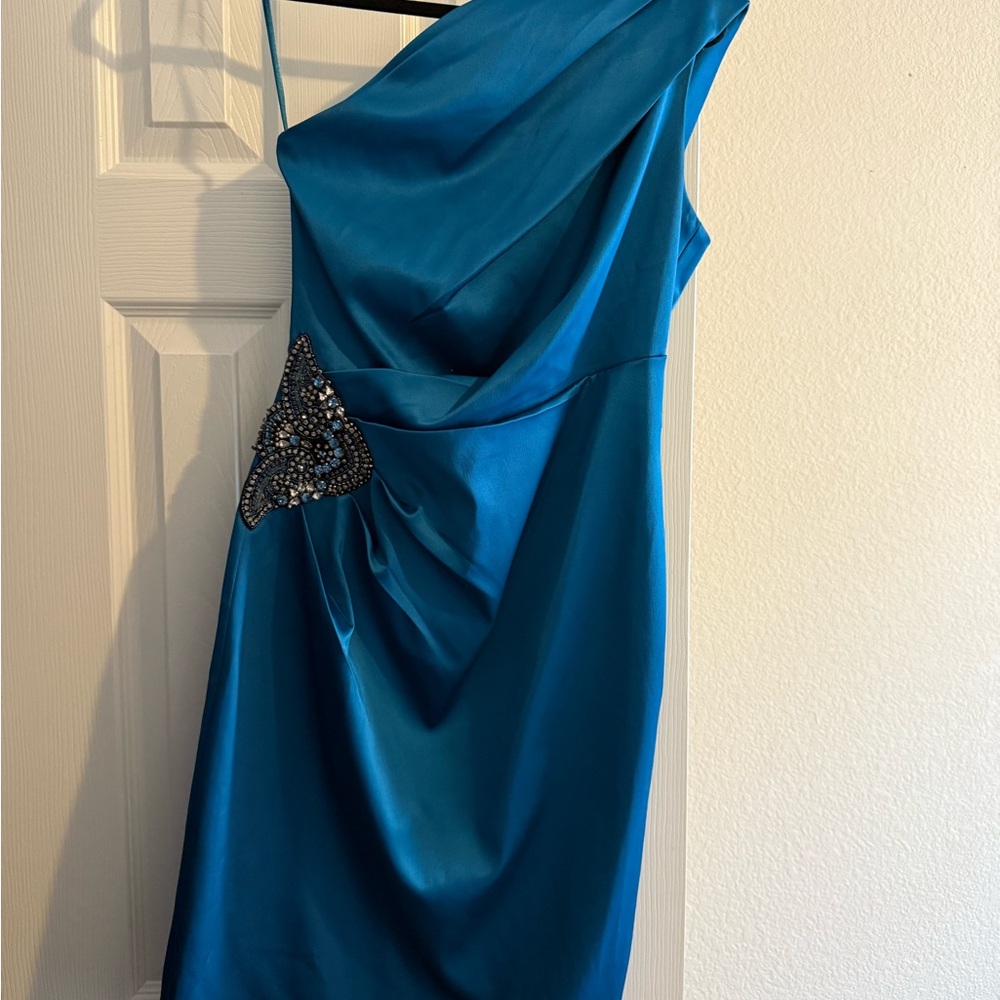 Eliza J Teal One-Shoulder Dress with Embellishment